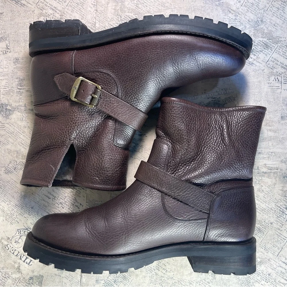 Frye Veronica Shearling Leather Moto Booties Brown Buckle Boots Made in Mexico